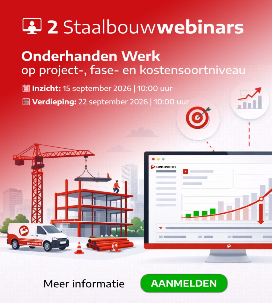 webinars Onderhanden Werk in de staalbouw: realtime inzicht in kosten, voortgang, facturatie en verwachte projectmarge.