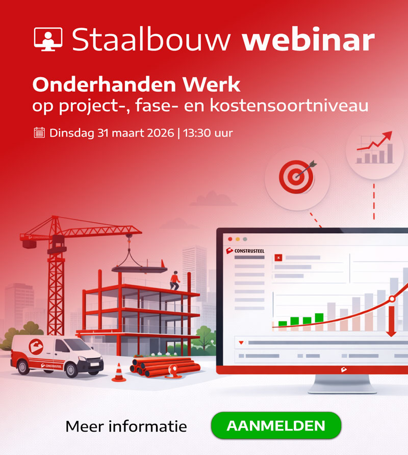 Visual voor het ConstruSteel webinar Onderhanden Werk (OHW) in de staalbouw. De afbeelding toont hoe projectstructuur, fasen en kostensoorten samenkomen in één realtime dashboard voor inzicht in voortgang, kosten en verwachte eindmarge.