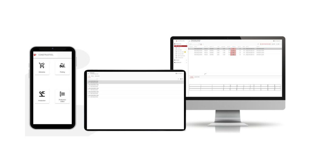 Steel construction software interface on desktop, tablet and mobile – showcasing production control features for structural steel fabricators.